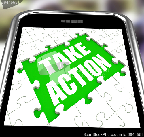 Image of Take Action Smartphone Means Urge Inspire Or Motivate