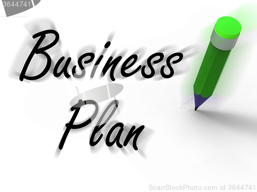 Image of Business Plan with Pencil Displays Written Strategy Vision and G