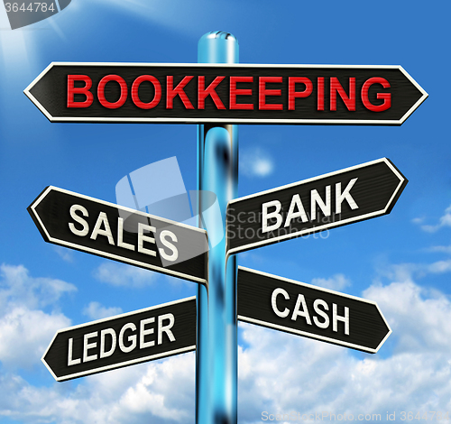 Image of Bookkeeping Sign Means Sales Ledger Bank And Cash