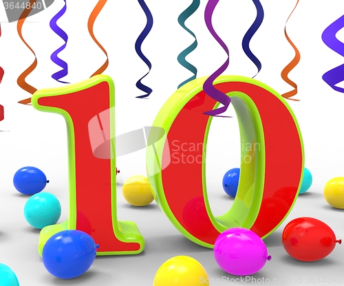 Image of Number Ten Party Shows Bright Decorations And Colourful Balloons