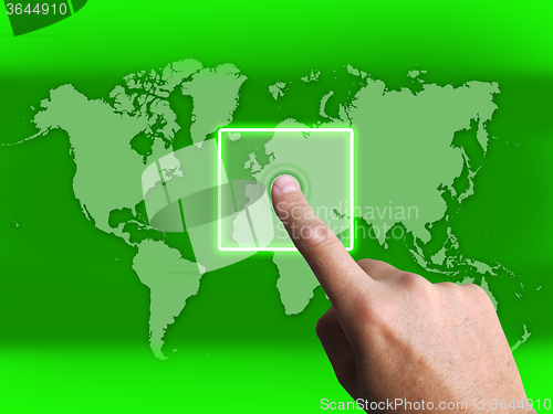 Image of Hand Touch Touchscreen On World Map Shows Internet WWW