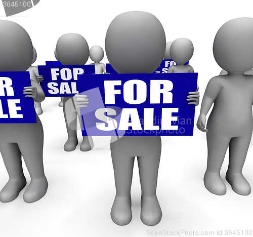 Image of Characters Holding For Sale Signs Mean On Sale Goods