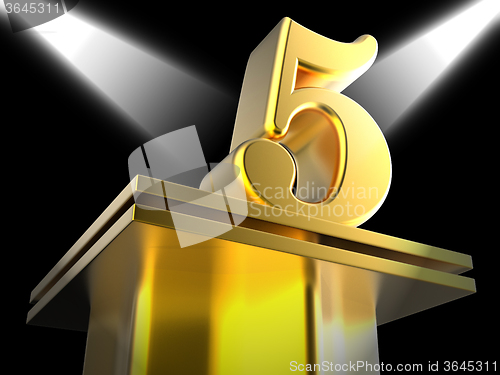 Image of Golden Five On Pedestal Shows Shiny Trophy Or Award