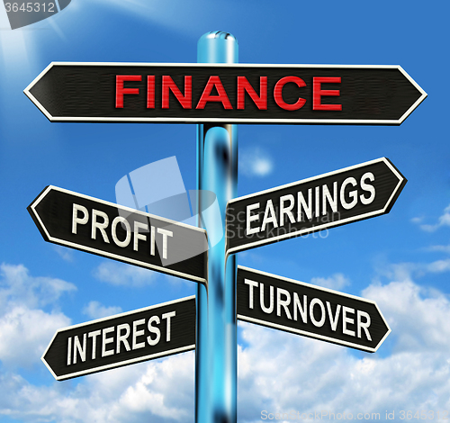 Image of Finance Signpost Shows Profit Earnings Interest And Turnover