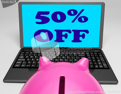 Image of Fifty Percent Off Laptop Means Web Sale Price Reduced 50