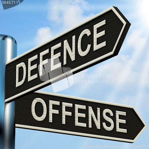 Image of Defence Offense Signpost Shows Defending And Tactics