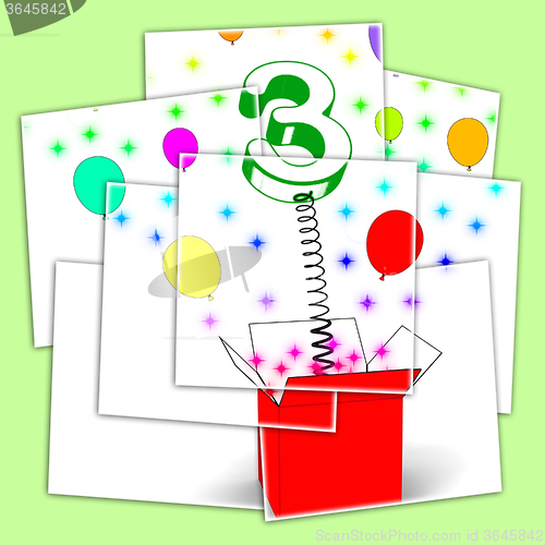 Image of Number Three Surprise Box Displays Celebration And Colourful Bal