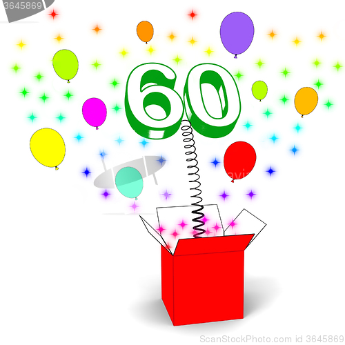 Image of Number Sixty Surprise Box Shows Elderly Surprise Party Or Celebr