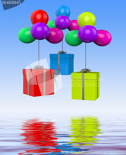 Image of Balloons With Presents Displays Birthday Party Or Colourful Gift