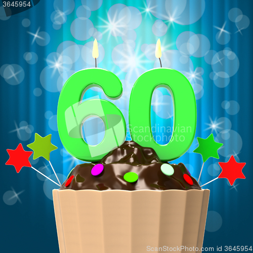 Image of Sixty Candle On Cupcake Means Sixtieth Birthday Anniversary