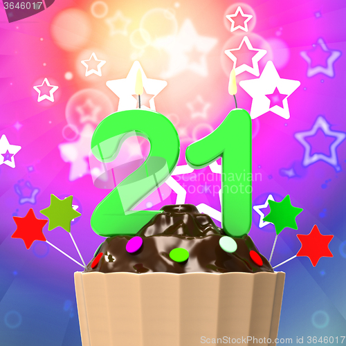 Image of Twenty One Candle On Cupcake Means Colourful Celebration And Hap