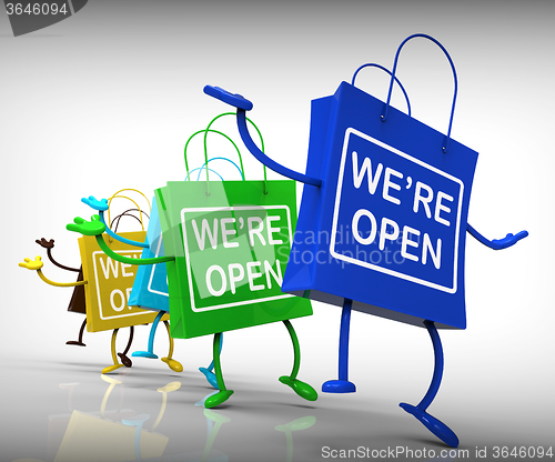 Image of We\'re Open Bags Show Shopping Availability and Grand Opening