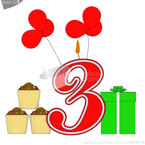 Image of Number Three Candle Shows Birthday Presents And Cupcakes