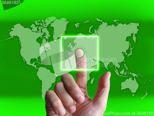 Image of Hand Touch Touchscreen On World Map Shows Internet WWW