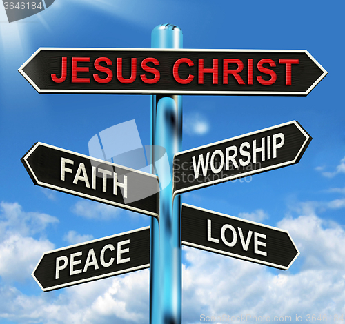 Image of Jesus Christ Signpost Means Faith Worship Peace And Love