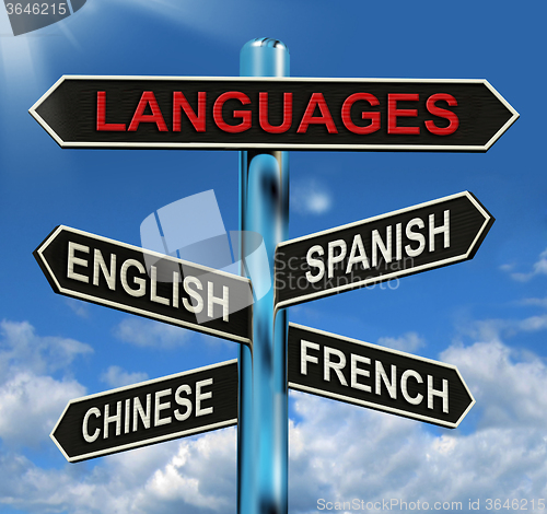 Image of Languages Signpost Means English Chinese Spanish And French