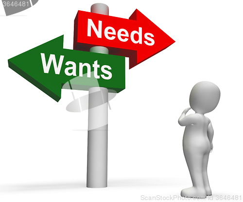 Image of Wants Needs Signpost Shows Materialism Want Need