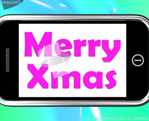 Image of Merry Xmas On Phone Means Happy Christmas