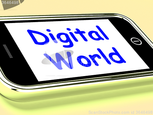 Image of Digital World On Phone Means Connection Internet Web