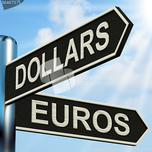 Image of Dollars Euros Signpost Shows Foreign Currency Exchange