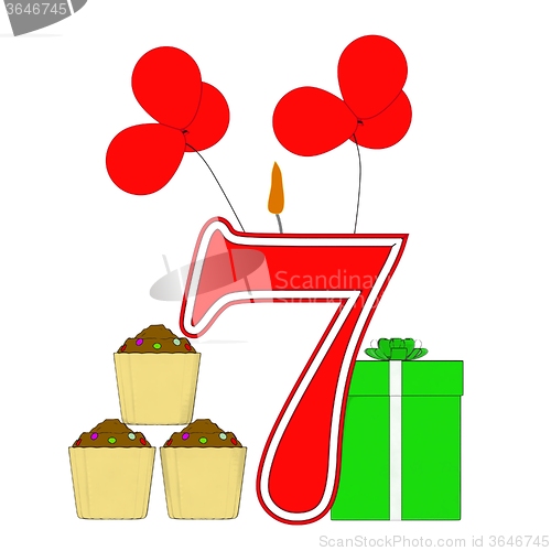 Image of Number Seven Candle Shows Cupcakes Balloons And Presents