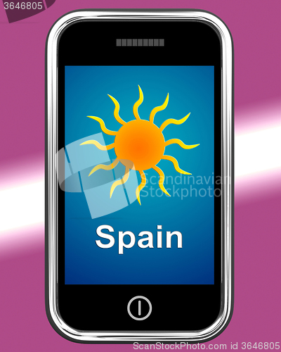 Image of Spain On Phone Means Holidays And Sunny Weather