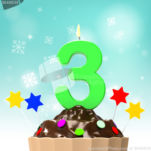 Image of Three Candle On Cupcake Shows Toddler Birthday Party Or Celebrat