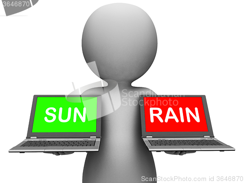 Image of Sun Rain Laptops Shows Weather Forecast Sunny or Raining