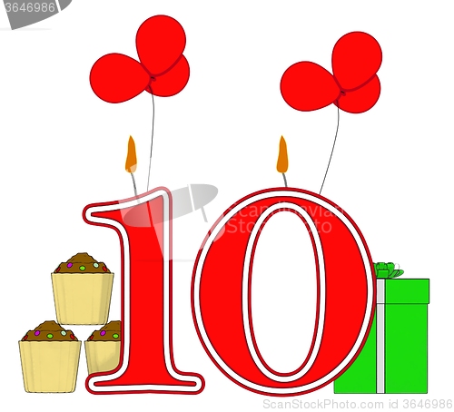 Image of Number Ten Candles Mean Birthday Presents And Decorated Cupcakes