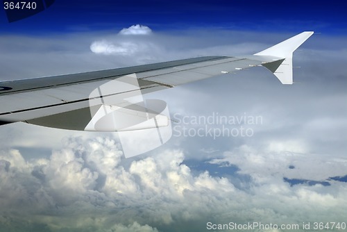 Image of Airplane wing over cloudscape