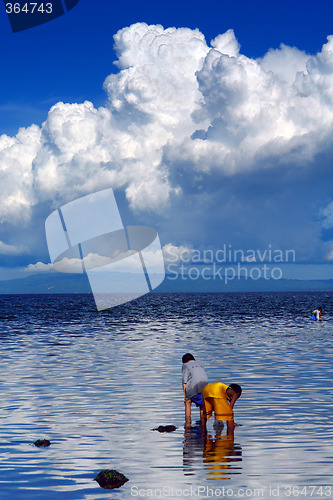 Image of Asian boys collecting shellfish