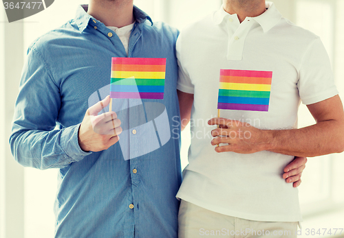 Image of close up of male gay couple holding rainbow flags