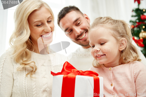Image of happy family at home with christmas gift box