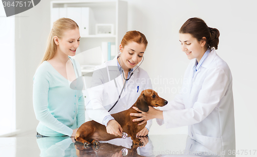 Image of happy woman with dog and doctor at vet clinic