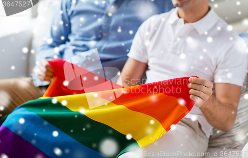 Image of close up of male gay couple holding rainbow flag