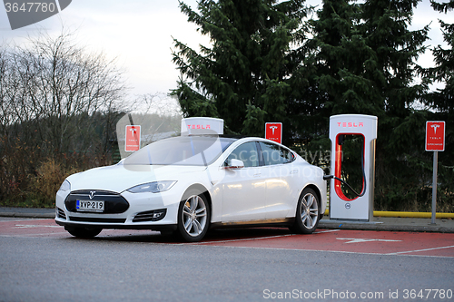 Image of White Tesla Model S being Charged at Supercharger Station