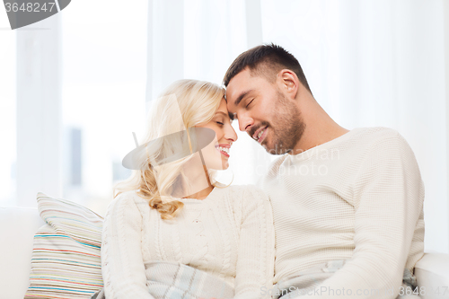 Image of happy couple covered with plaid on sofa at home