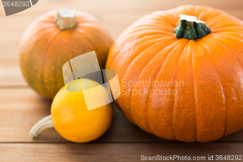 Image of close up of pumpkins on wooden table at home