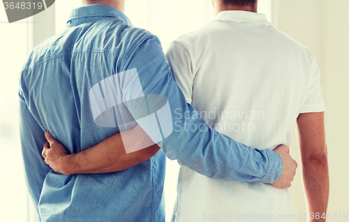 Image of close up of happy male gay couple hugging