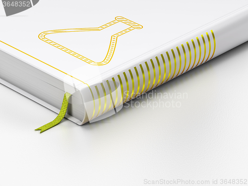 Image of Science concept: closed book, Flask on white background