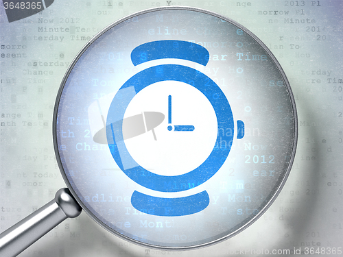 Image of Time concept: Watch with optical glass on digital background