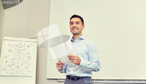 Image of smiling businessman on presentation in office