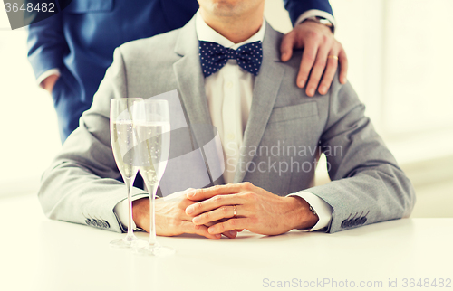 Image of close up of male gay couple with champagne glasses