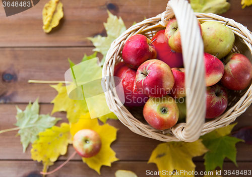 Image of close up of basket with apples on wooden table