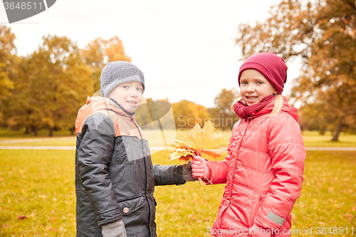 Image of little boy giving autumn maple leaves to girl