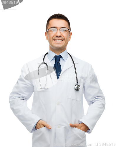 Image of smiling male doctor in white coat