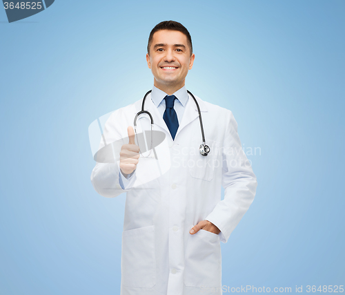 Image of smiling doctor in white coat showing thumbs up