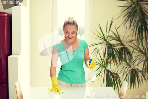 Image of happy woman cleaning table at home kitchen