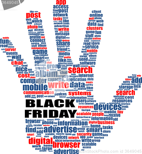 Image of Hand sign with social media word cloud. Black friday. Vector illustration