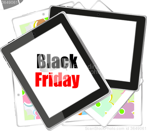Image of Black abstract Tablet PC with black friday sale words on it. isolated on white background. vector illustration